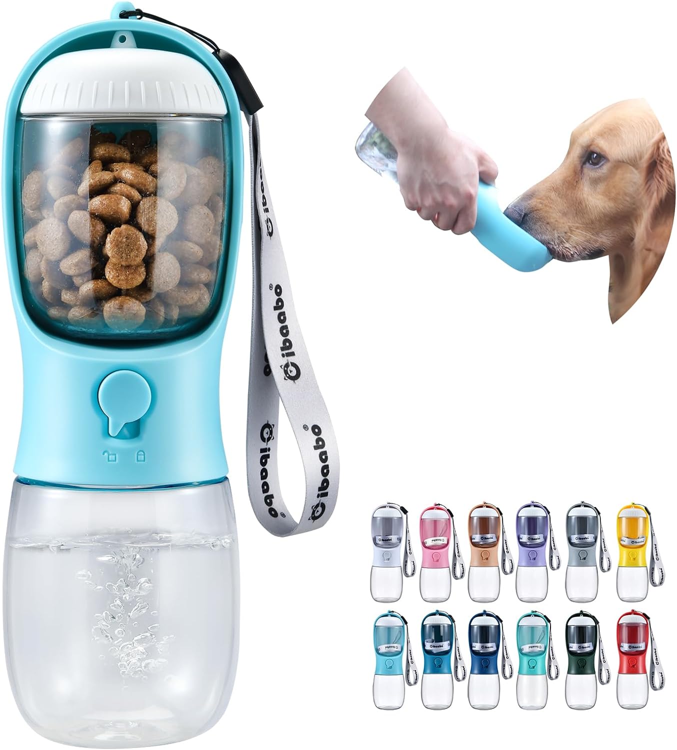 Botella de agua para perros con contenedor de alimento.